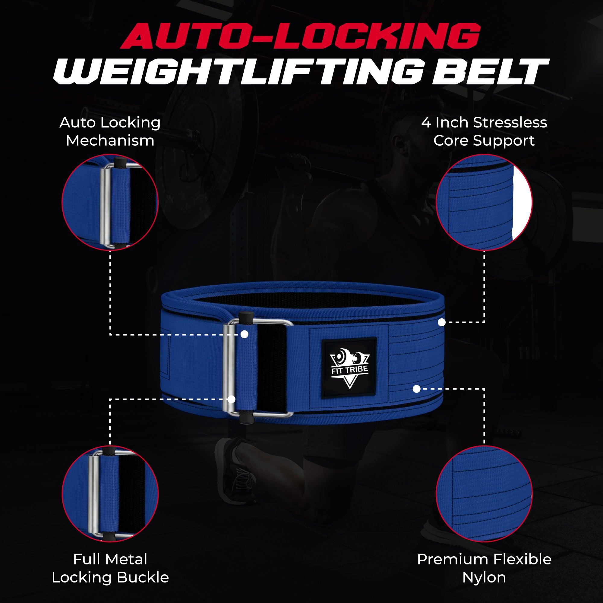 Adjustable Gym Belt - Weight Lifting Belt for Men and Women - Durable Nylon Powerlifting Belt with Self Locking Mechanism for Safe Strength Training