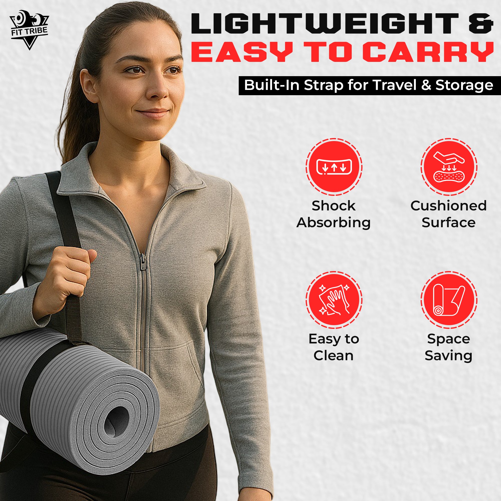 Thick Foam Yoga Mat - Non Slip Exercise Mat for Men & Women - Portable Fitness Mat for Home, Gym, Pilates & Stretching - Lightweight, Durable & Sweat Resistant with Carry Strap