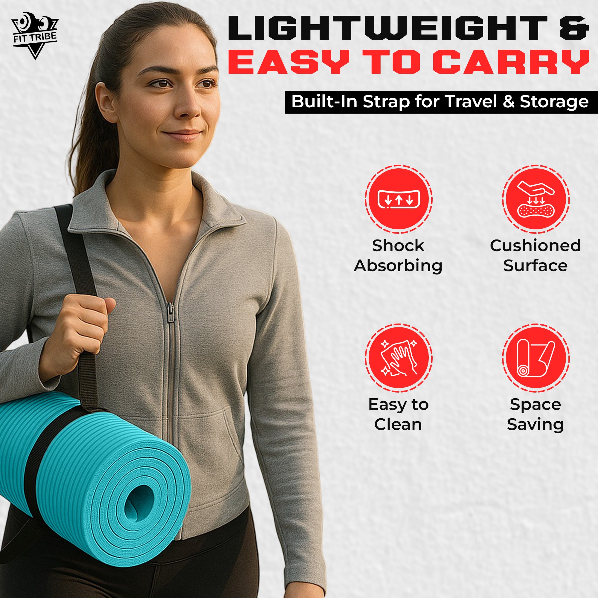 Thick Foam Yoga Mat - Non Slip Exercise Mat for Men & Women - Portable Fitness Mat for Home, Gym, Pilates & Stretching - Lightweight, Durable & Sweat Resistant with Carry Strap