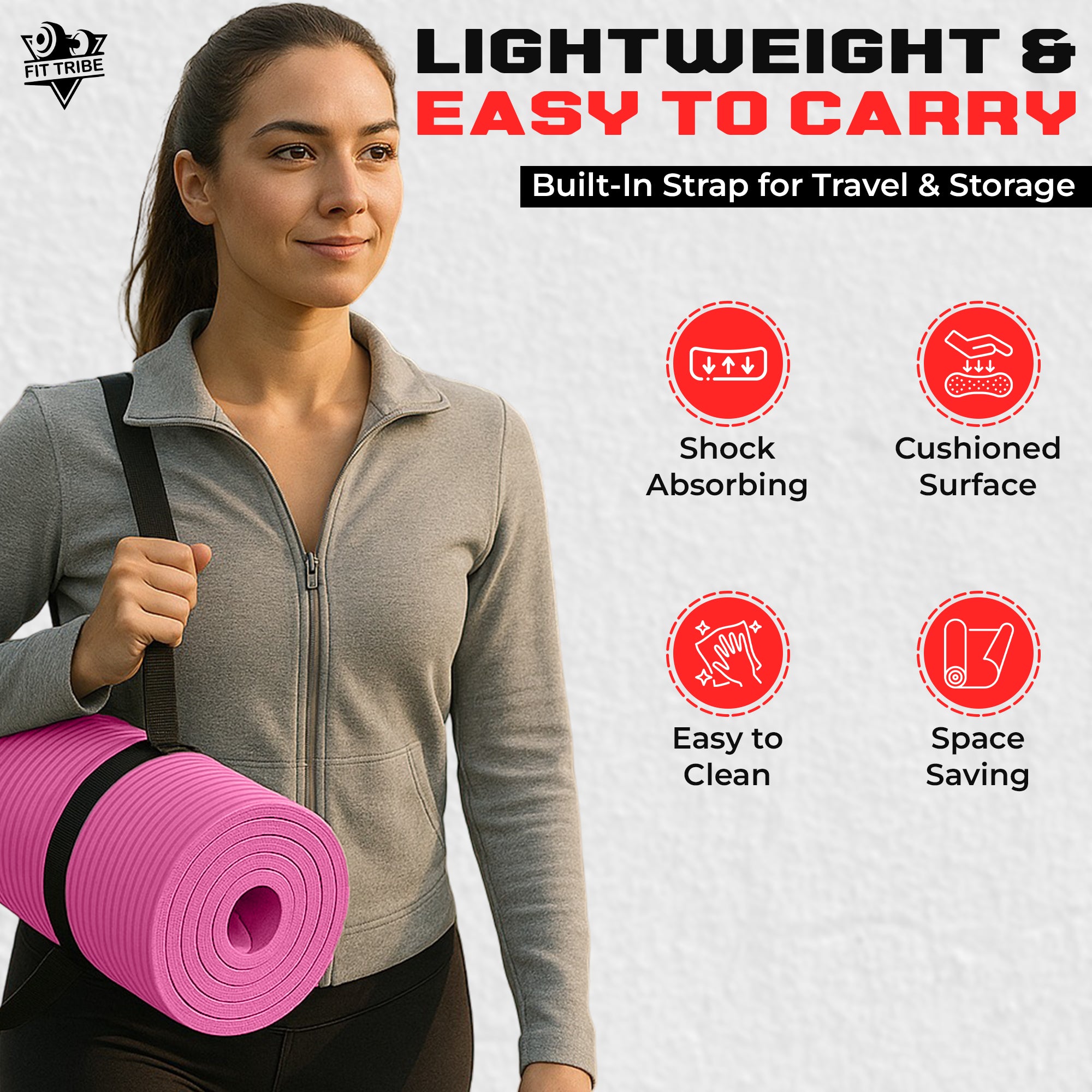 Thick Foam Yoga Mat - Non Slip Exercise Mat for Men & Women - Portable Fitness Mat for Home, Gym, Pilates & Stretching - Lightweight, Durable & Sweat Resistant with Carry Strap