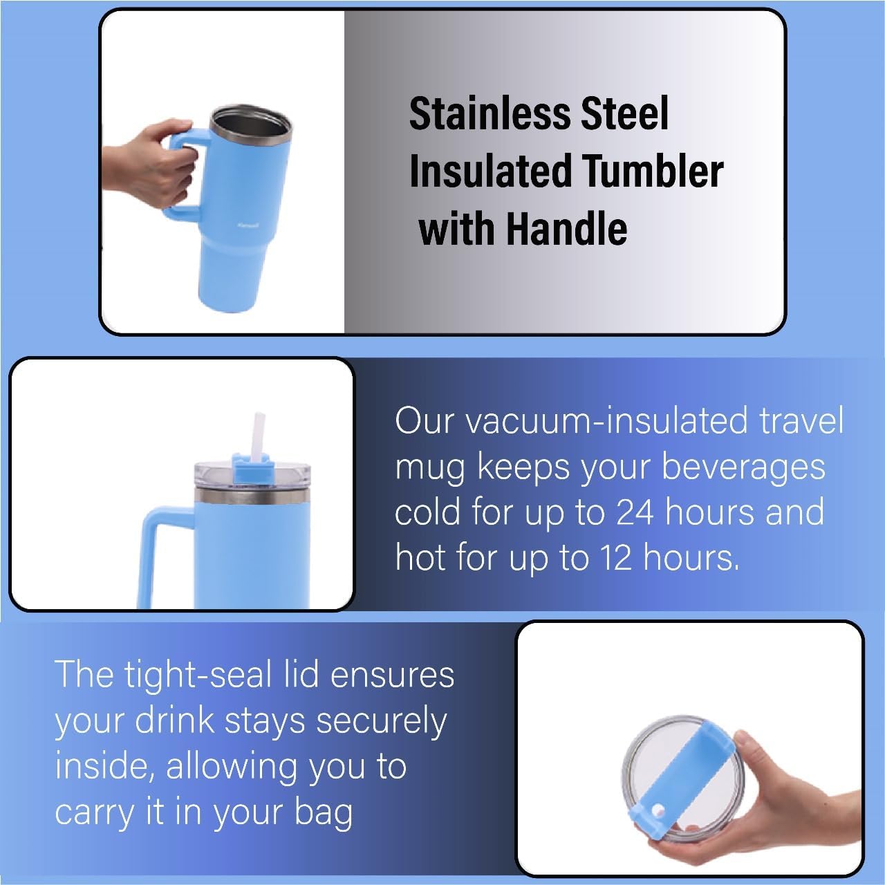 1200ml Stainless Steel Tumbler with Handle Lid & Straw - Vacuum Insulated Water Bottle Travel Coffee Mug Keeps Drinks Hot and Cold - Ideal for Office Home Camping and Outdoor (Sky Blue)
