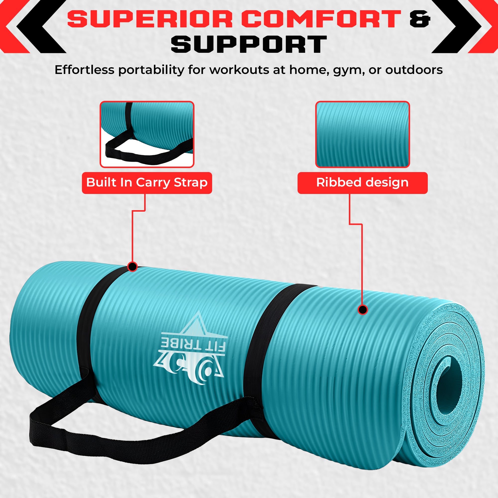 Thick Foam Yoga Mat - Non Slip Exercise Mat for Men & Women - Portable Fitness Mat for Home, Gym, Pilates & Stretching - Lightweight, Durable & Sweat Resistant with Carry Strap