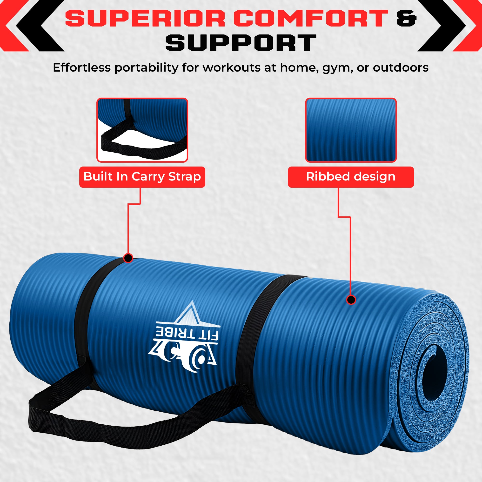 Thick Foam Yoga Mat - Non Slip Exercise Mat for Men & Women - Portable Fitness Mat for Home, Gym, Pilates & Stretching - Lightweight, Durable & Sweat Resistant with Carry Strap