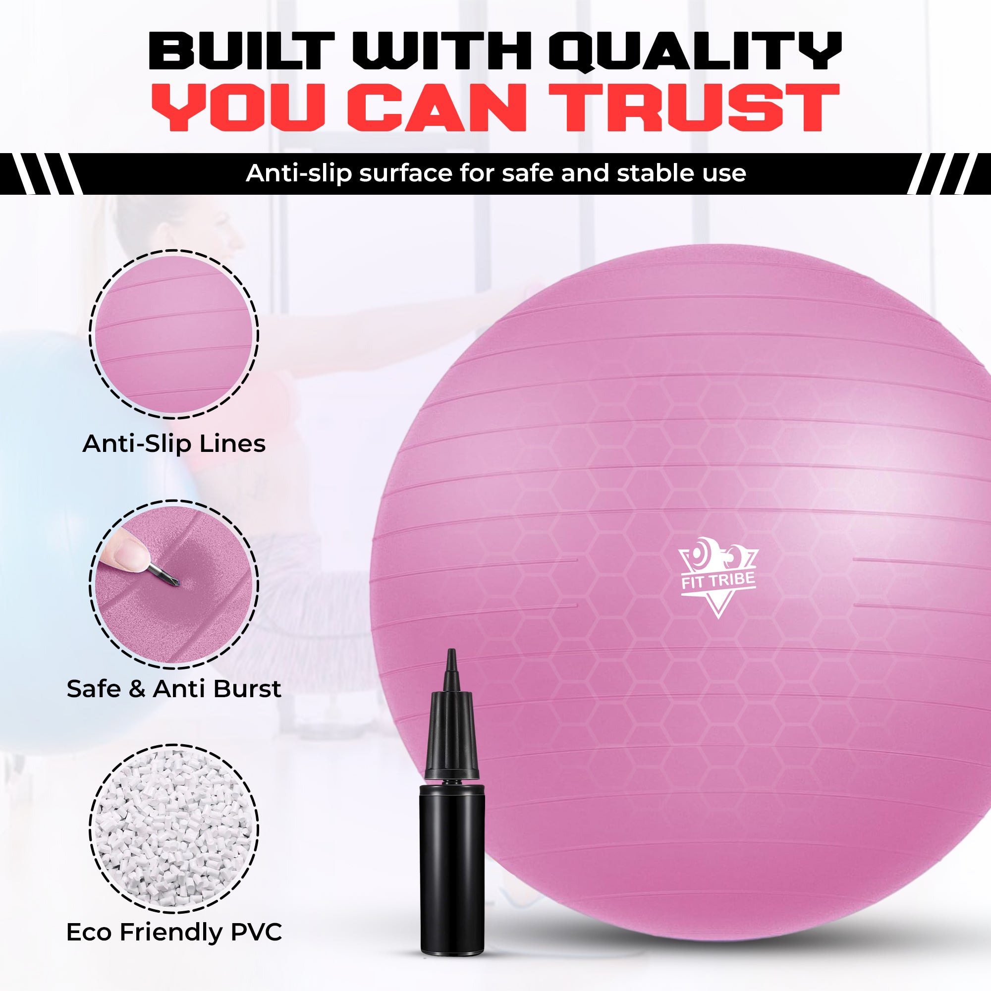 Yoga Ball - Anti Burst & Slip Resistant Stability Ball with Air Pump - Ideal for Pilates, Core, Balance, & Prenatal Exercise - Supports Up to 500kg - Home & Gym Use