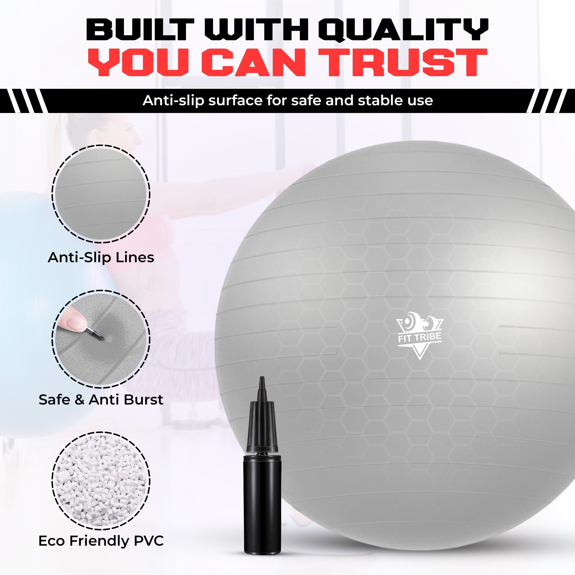 Yoga Ball - Anti Burst & Slip Resistant Stability Ball with Air Pump - Ideal for Pilates, Core, Balance, & Prenatal Exercise - Supports Up to 500kg - Home & Gym Use