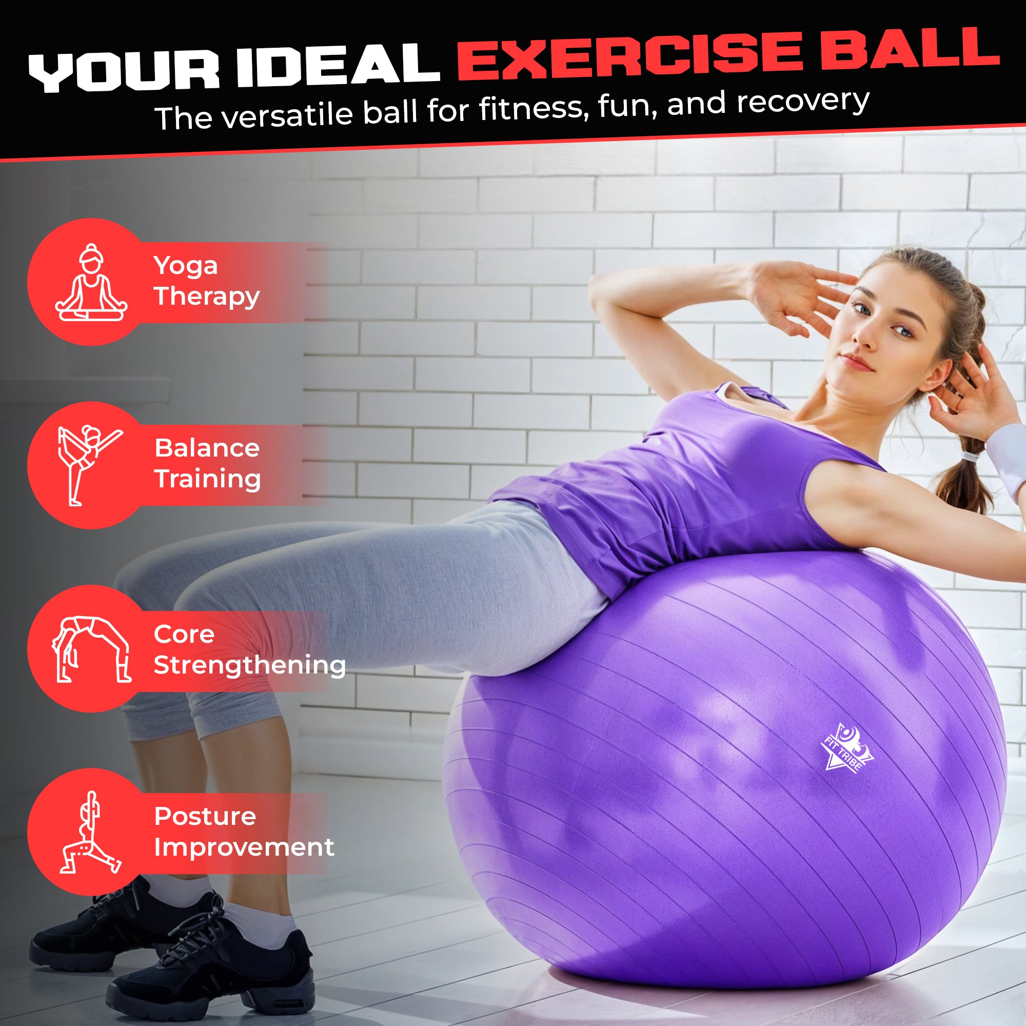 Yoga Ball - Anti Burst & Slip Resistant Stability Ball with Air Pump - Ideal for Pilates, Core, Balance, & Prenatal Exercise - Supports Up to 500kg - Home & Gym Use