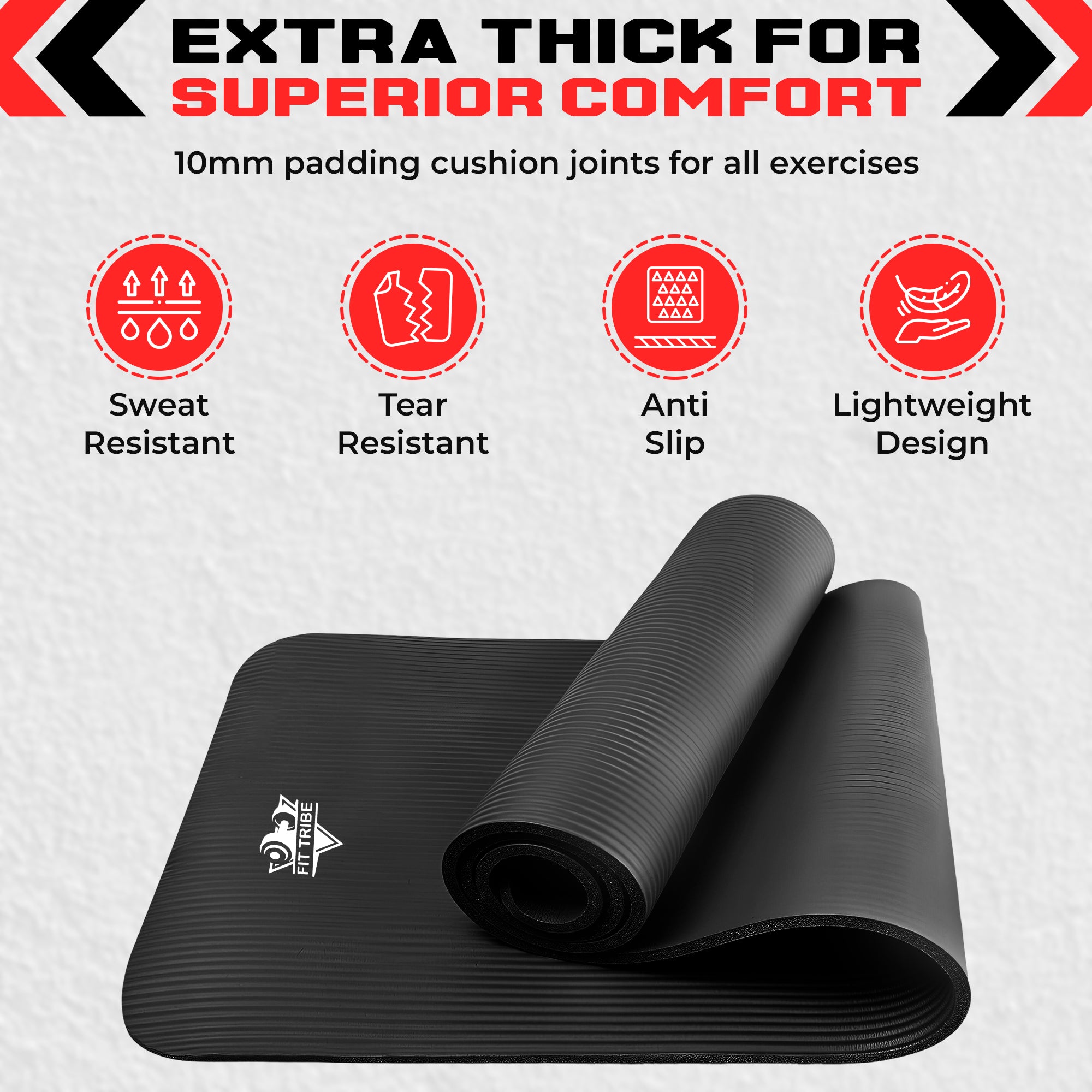 Thick Foam Yoga Mat - Non Slip Exercise Mat for Men & Women - Portable Fitness Mat for Home, Gym, Pilates & Stretching - Lightweight, Durable & Sweat Resistant with Carry Strap
