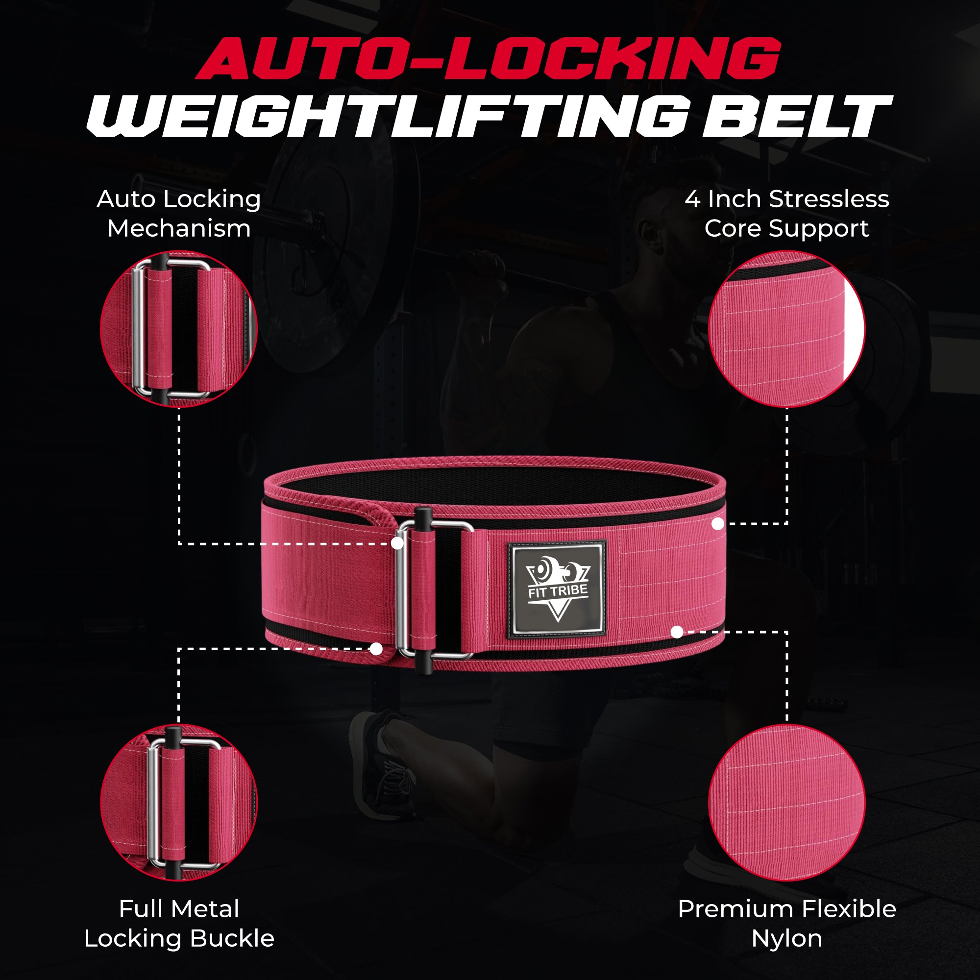Adjustable Gym Belt - Weight Lifting Belt for Men and Women - Durable Nylon Powerlifting Belt with Self Locking Mechanism for Safe Strength Training