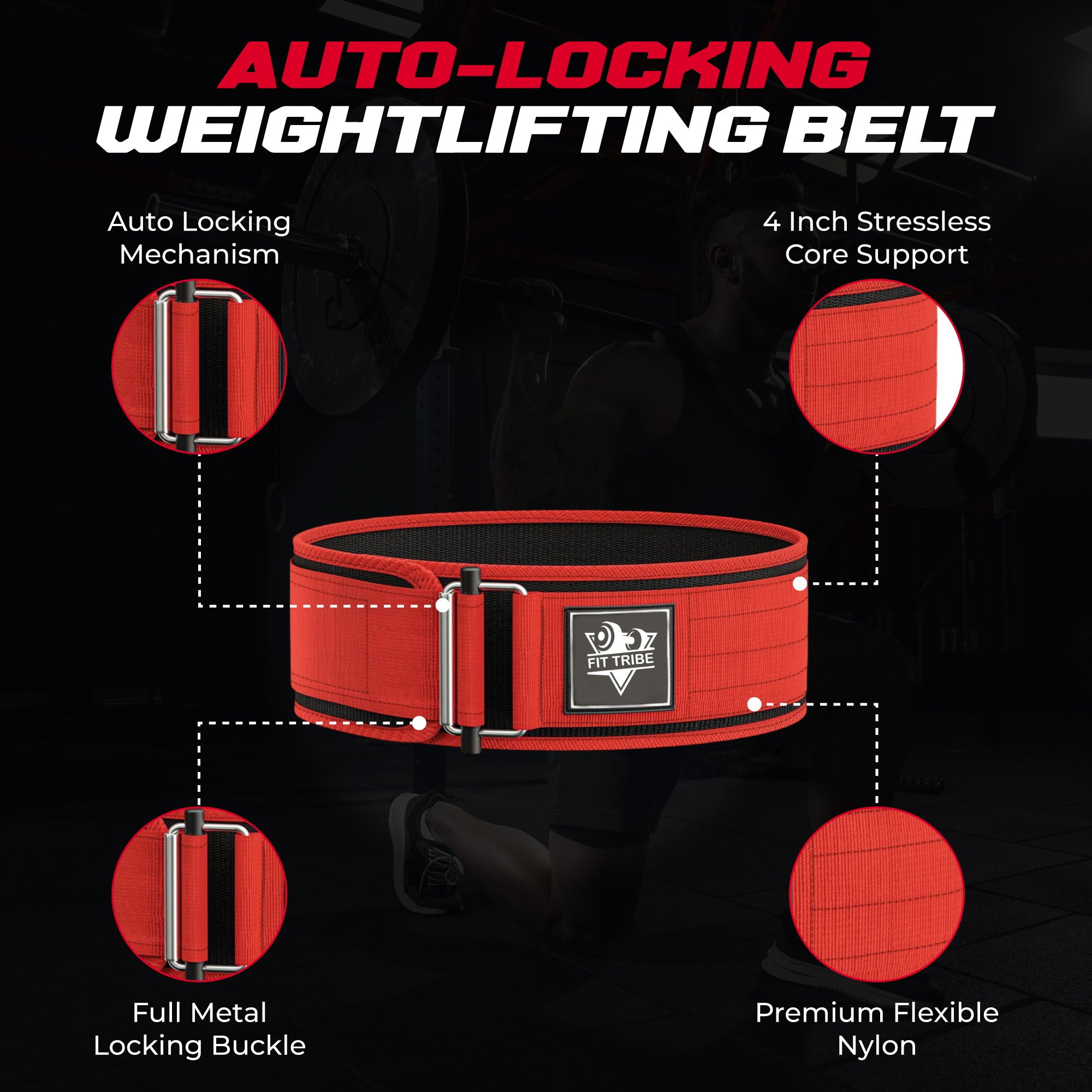 Adjustable Gym Belt - Weight Lifting Belt for Men and Women - Durable Nylon Powerlifting Belt with Self Locking Mechanism for Safe Strength Training