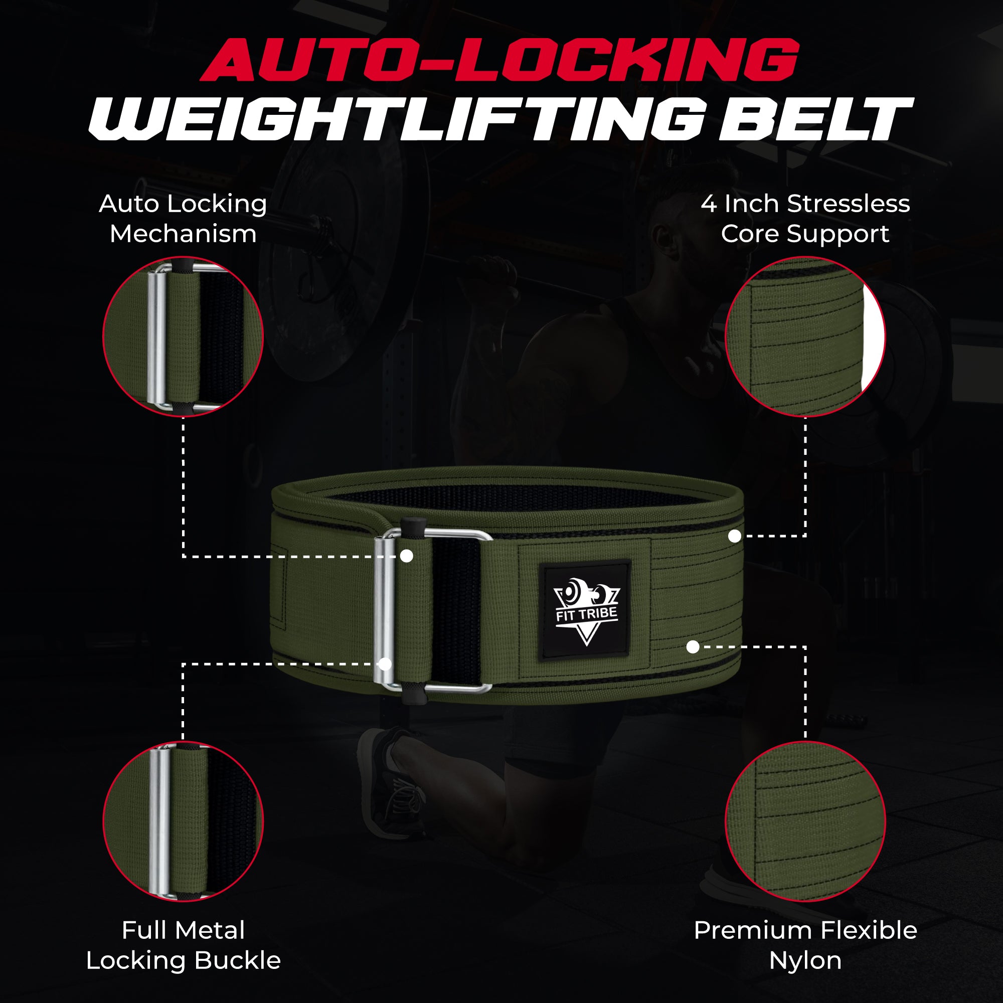 Adjustable Gym Belt - Weight Lifting Belt for Men and Women - Durable Nylon Powerlifting Belt with Self Locking Mechanism for Safe Strength Training