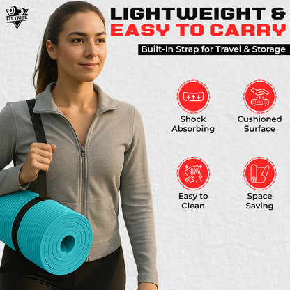 Thick Foam Yoga Mat - Non Slip Exercise Mat for Men & Women - Portable Fitness Mat for Home, Gym, Pilates & Stretching - Lightweight, Durable & Sweat Resistant with Carry Strap