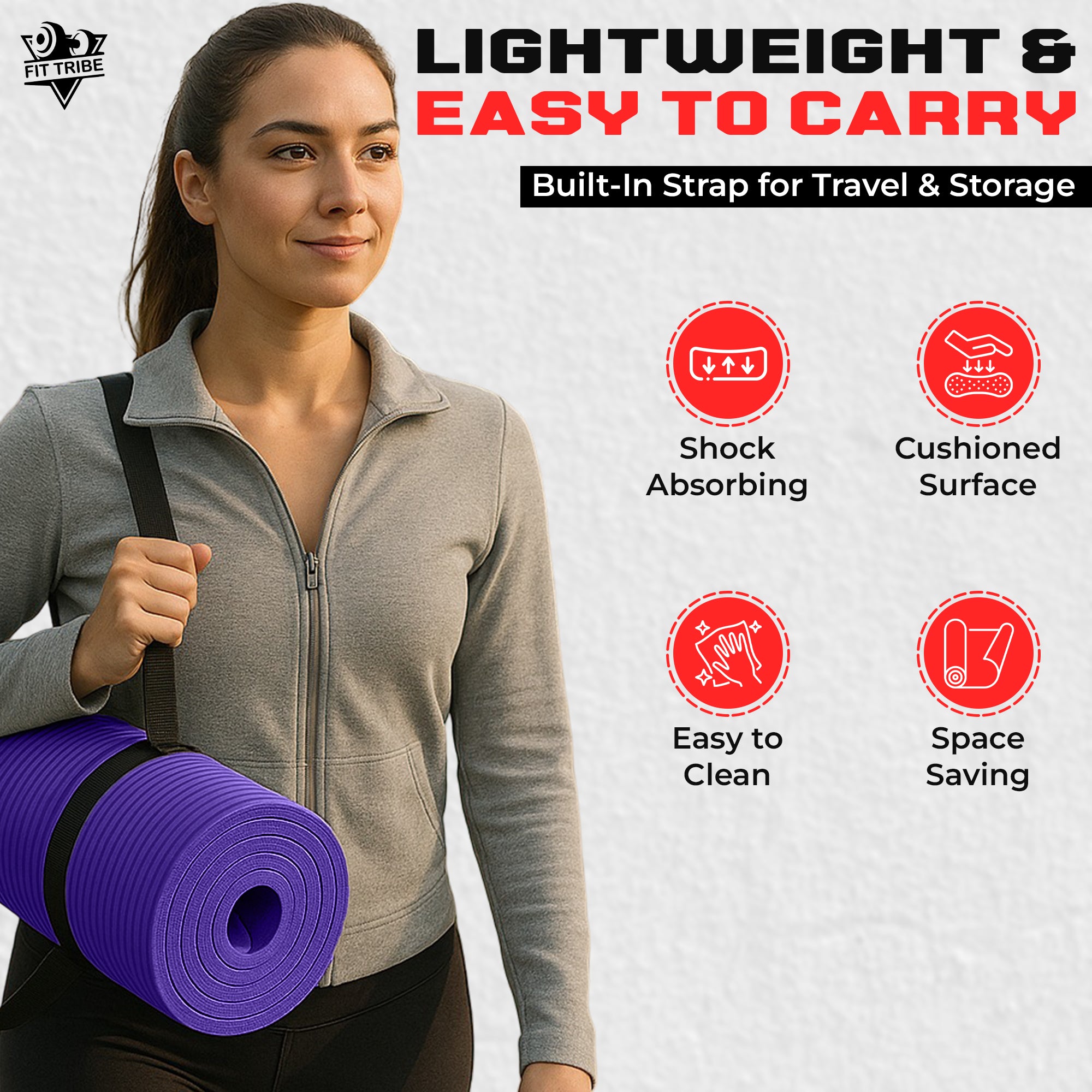 Thick Foam Yoga Mat - Non Slip Exercise Mat for Men & Women - Portable Fitness Mat for Home, Gym, Pilates & Stretching - Lightweight, Durable & Sweat Resistant with Carry Strap