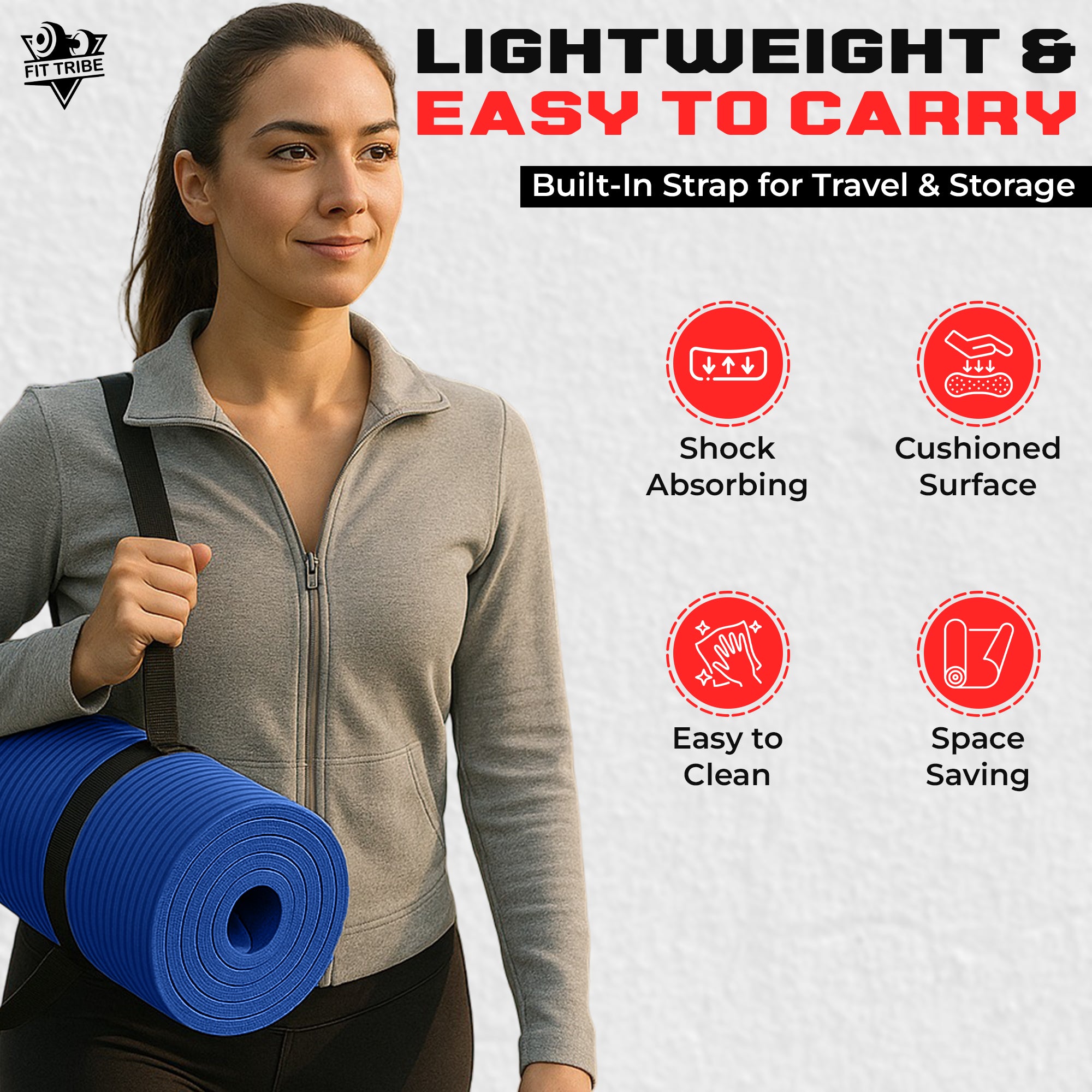 Thick Foam Yoga Mat - Non Slip Exercise Mat for Men & Women - Portable Fitness Mat for Home, Gym, Pilates & Stretching - Lightweight, Durable & Sweat Resistant with Carry Strap