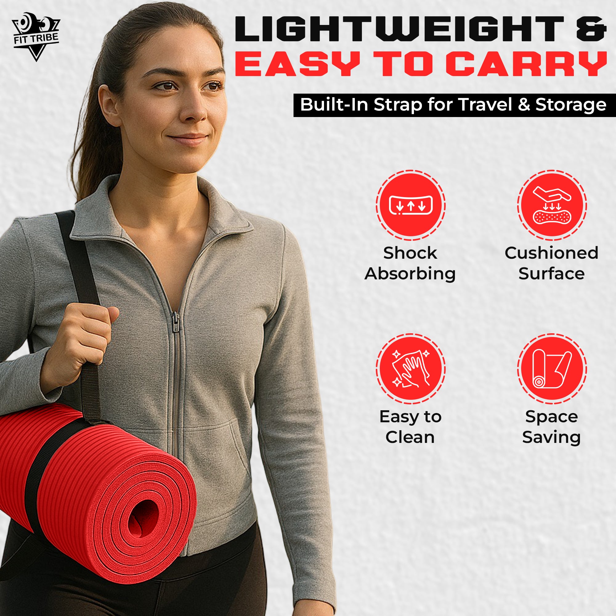 Thick Foam Yoga Mat - Non Slip Exercise Mat for Men & Women - Portable Fitness Mat for Home, Gym, Pilates & Stretching - Lightweight, Durable & Sweat Resistant with Carry Strap