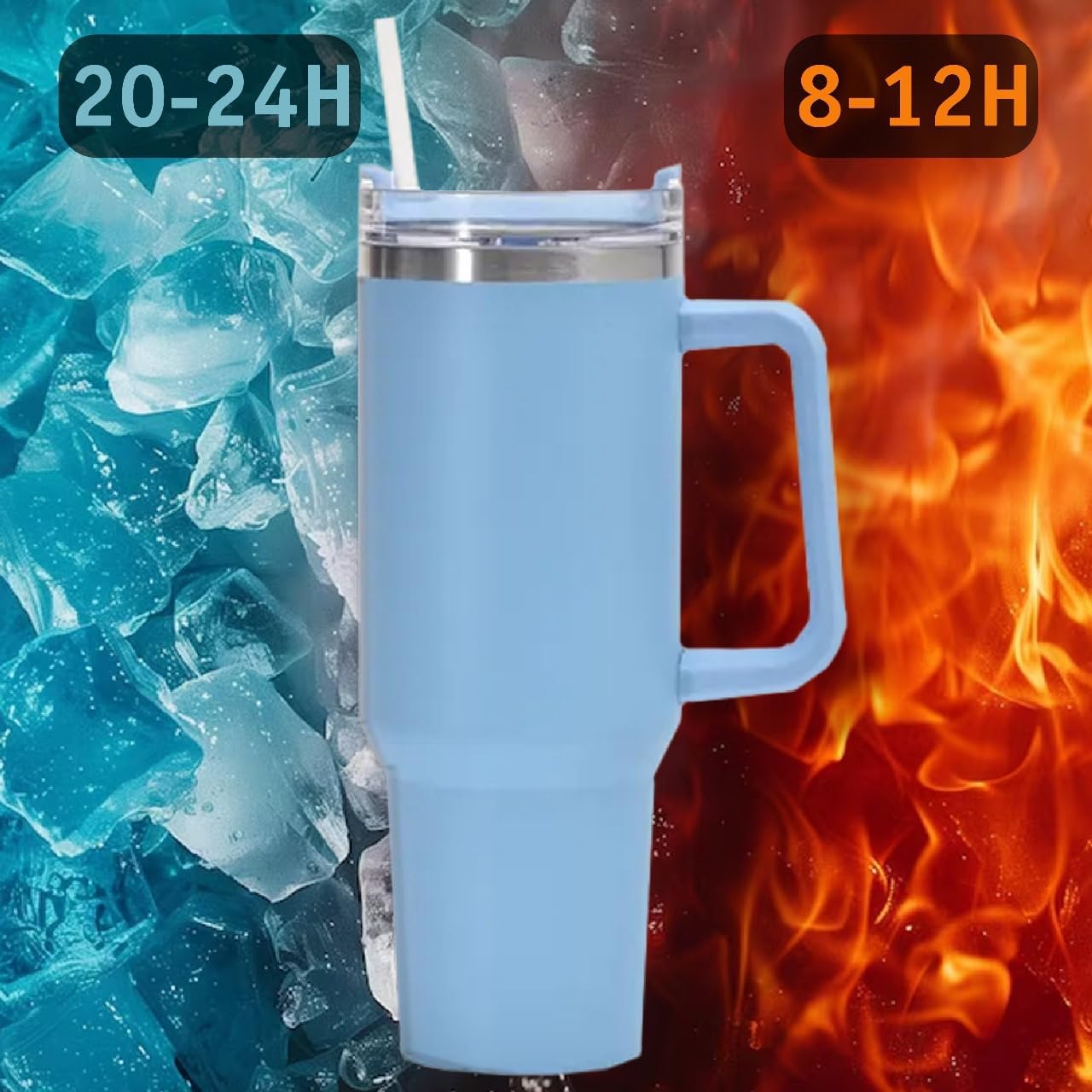 1200ml Stainless Steel Tumbler with Handle Lid & Straw - Vacuum Insulated Water Bottle Travel Coffee Mug Keeps Drinks Hot and Cold - Ideal for Office Home Camping and Outdoor (Sky Blue)