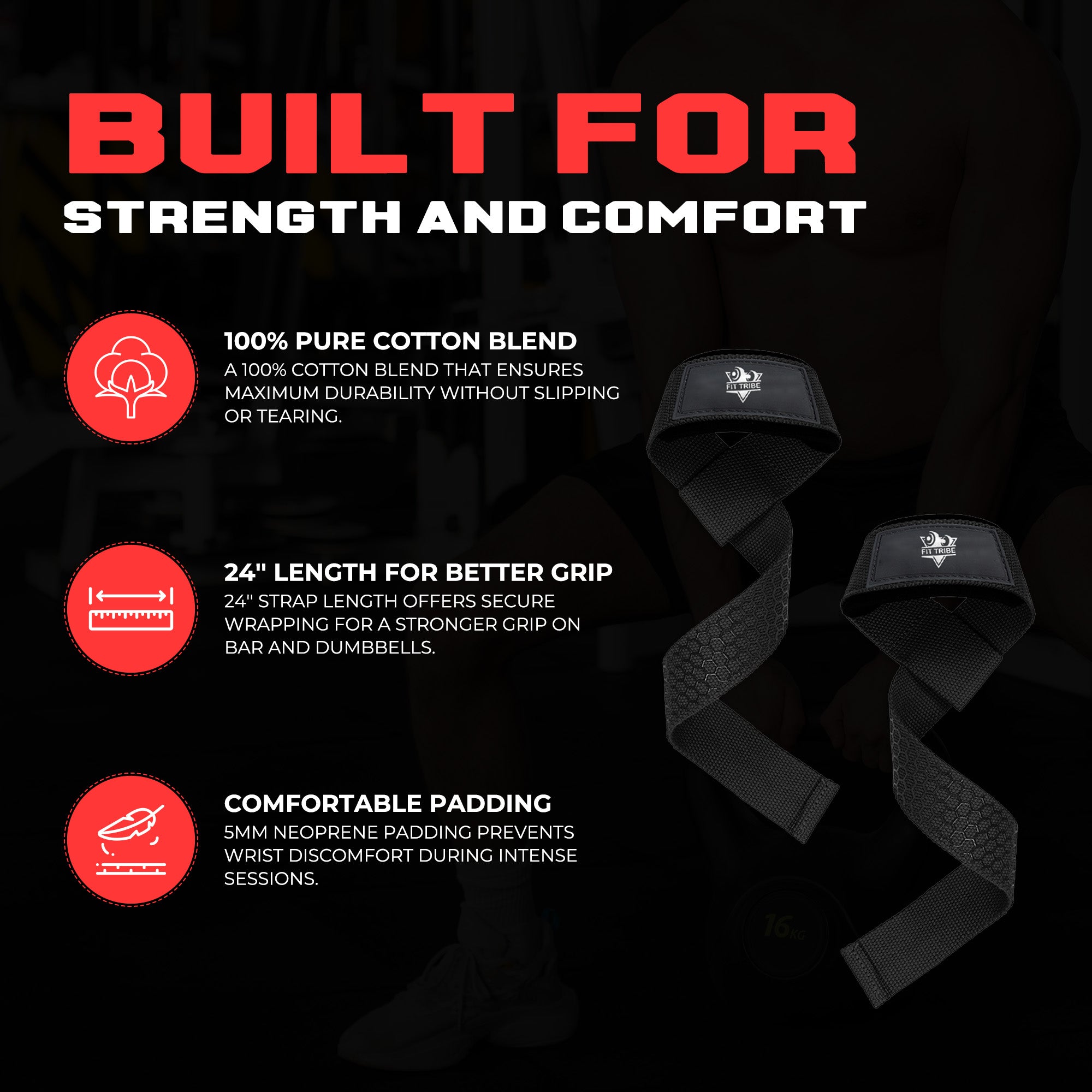 Neoprene Weight Lifting Straps for Men and Women - Adjustable Gym Wrist Support Straps for Powerlifting, Bodybuilding, Deadlifts, Shrugs, Rows - Durable Strength Training Accessories