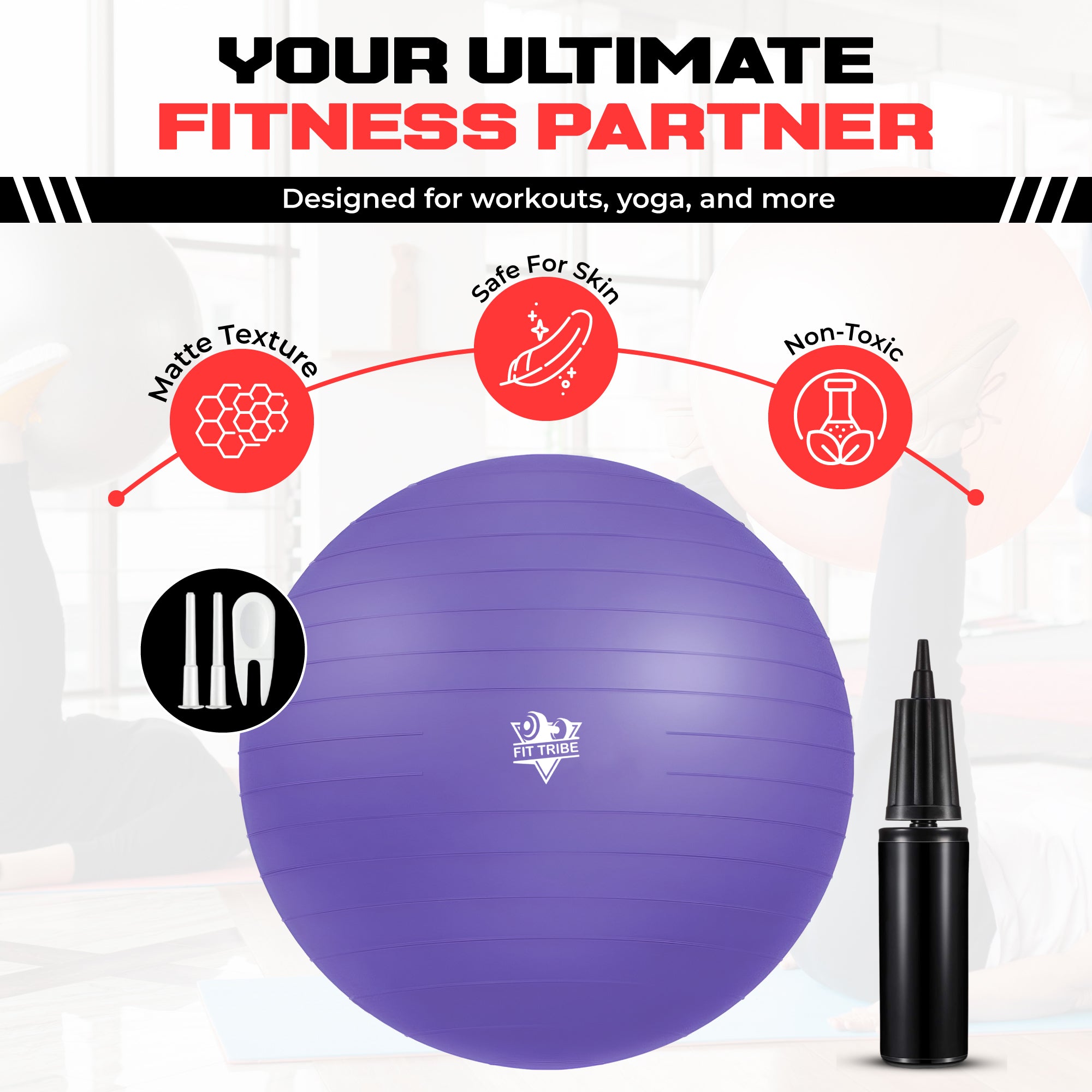 Yoga Ball - Anti Burst & Slip Resistant Stability Ball with Air Pump - Ideal for Pilates, Core, Balance, & Prenatal Exercise - Supports Up to 500kg - Home & Gym Use