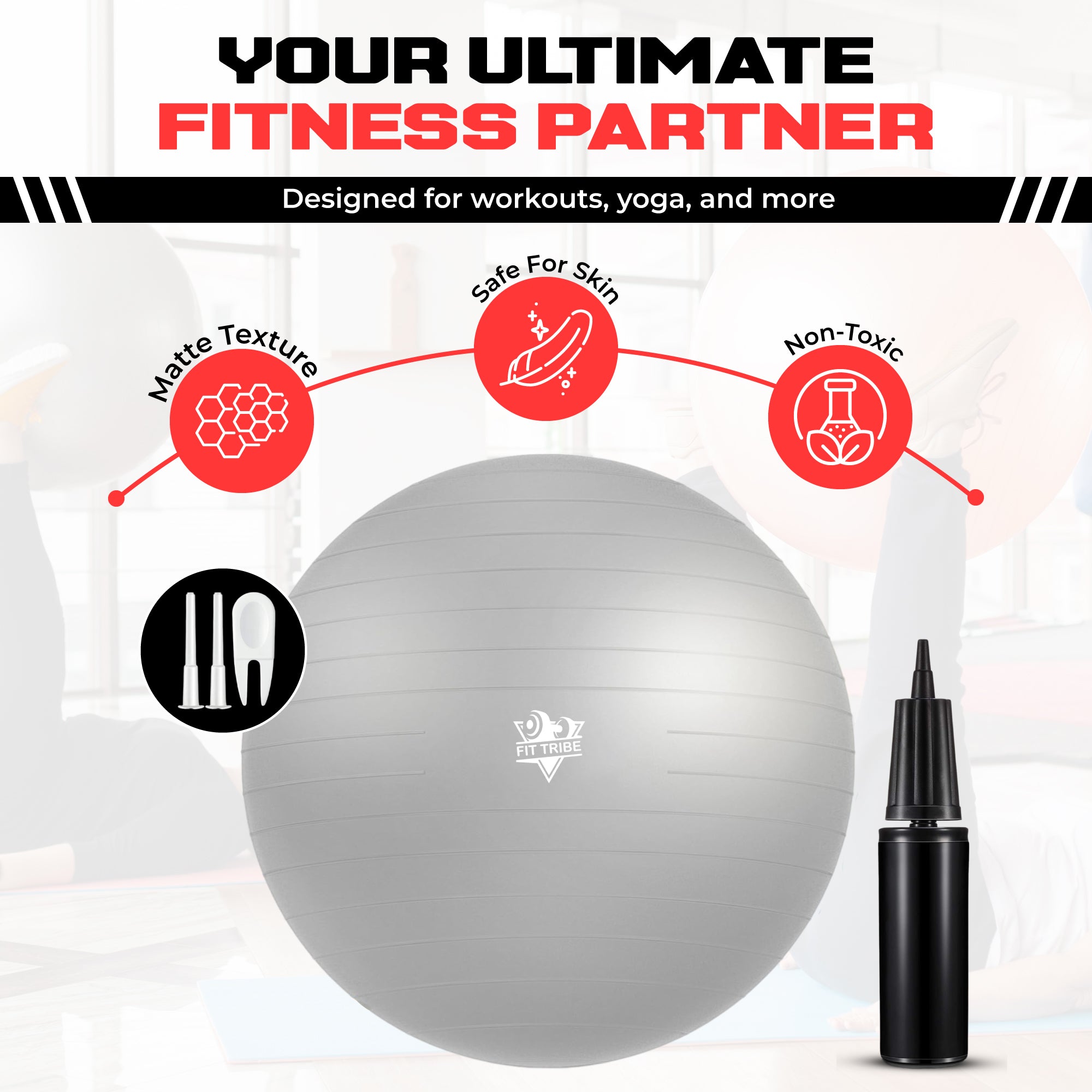 Yoga Ball - Anti Burst & Slip Resistant Stability Ball with Air Pump - Ideal for Pilates, Core, Balance, & Prenatal Exercise - Supports Up to 500kg - Home & Gym Use