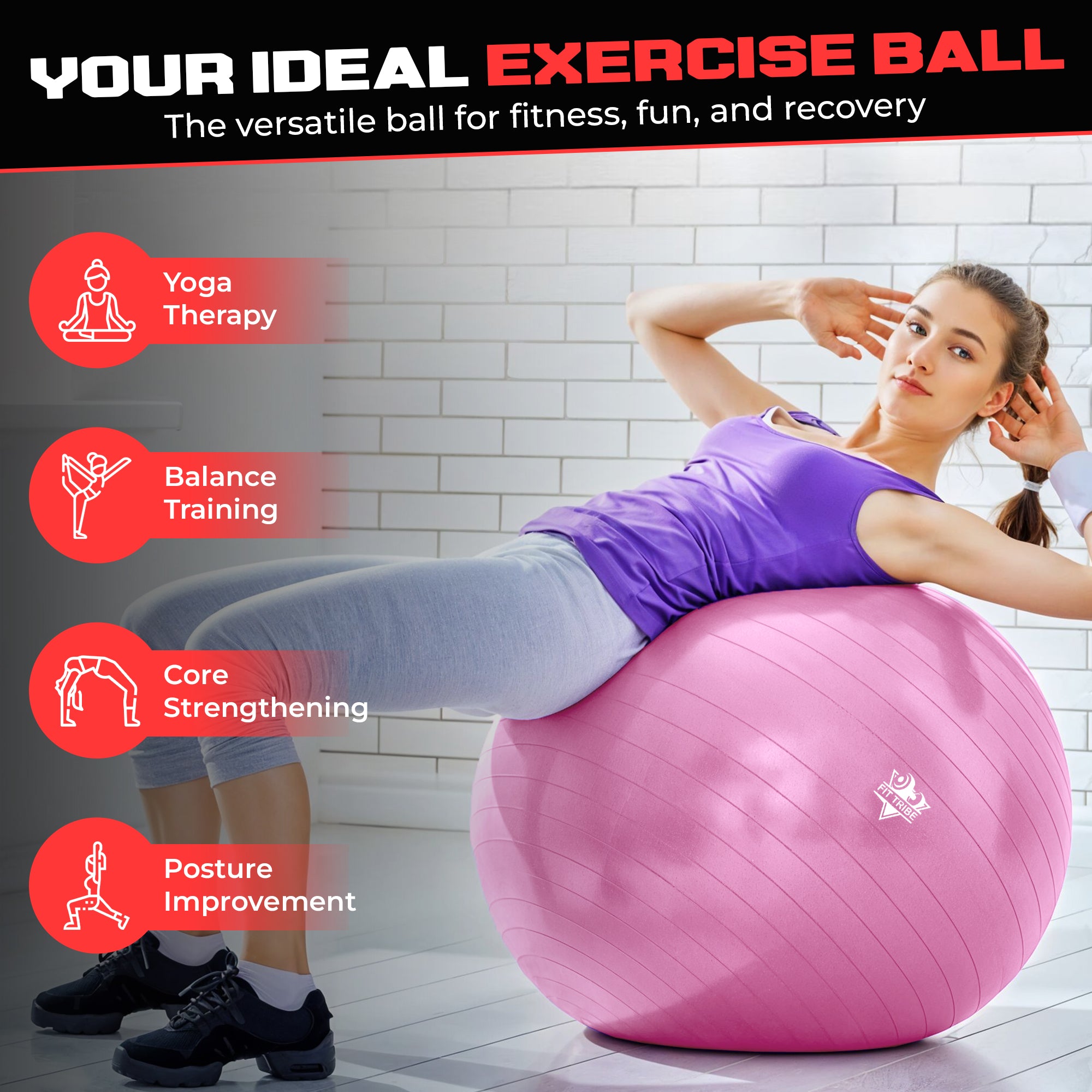 Yoga Ball - Anti Burst & Slip Resistant Stability Ball with Air Pump - Ideal for Pilates, Core, Balance, & Prenatal Exercise - Supports Up to 500kg - Home & Gym Use
